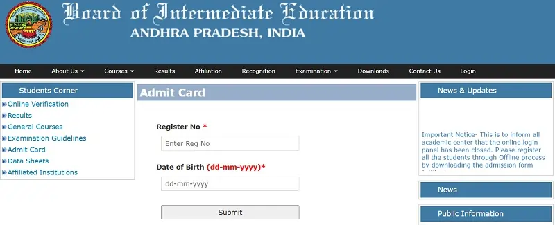 Ap Inter hall Ticket Download - AP Inter Admit Card Download - Ap Intermediate Hall Tickets Download